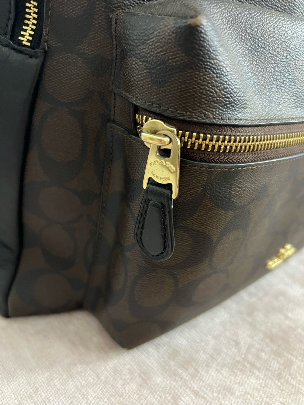Coach Dark Brown Signature Canvas & Black Trim Backpack with Gold Hardware - Picture 2 of 6